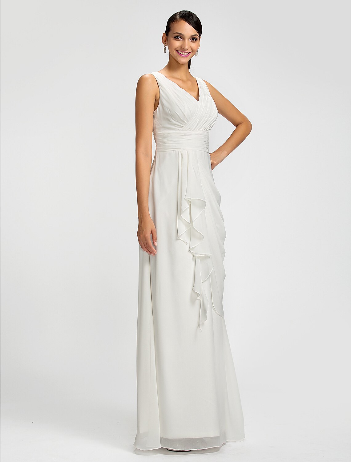 Sheath / Column V Neck Floor Length Chiffon Bridesmaid Dress with Draping / Sash / Ribbon / Side Draping