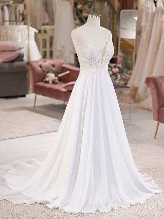 Simple Deep V Neck Long Dress Lace Chiffon Beach Wedding Dress