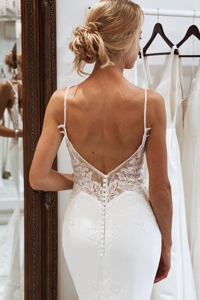 Wedding Dress Mermaid Lace Long Backless with Button