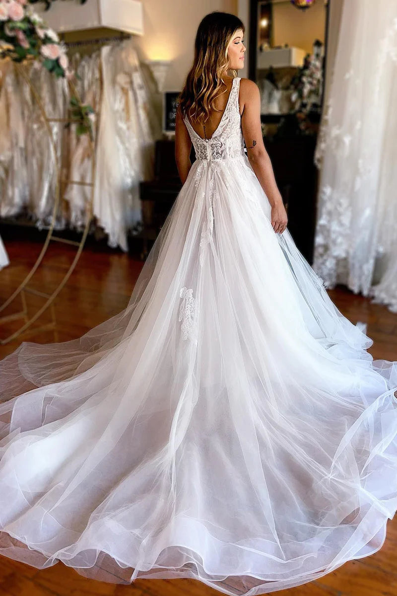 Wedding Dress A-Line Deep V-Neck Backless Long with Lace