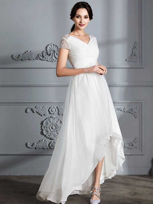 Wedding Dresses Princess V-neck Short Sleeves Asymmetrical Tulle