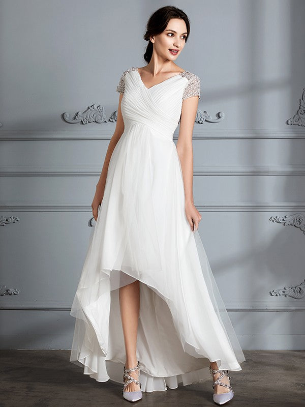 Wedding Dresses Princess V-neck Short Sleeves Asymmetrical Tulle