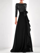 Gown Elegant Formal Asymmetrical Long Sleeve High Neck Chiffon with Feather Pearls Sequin Evening Dress