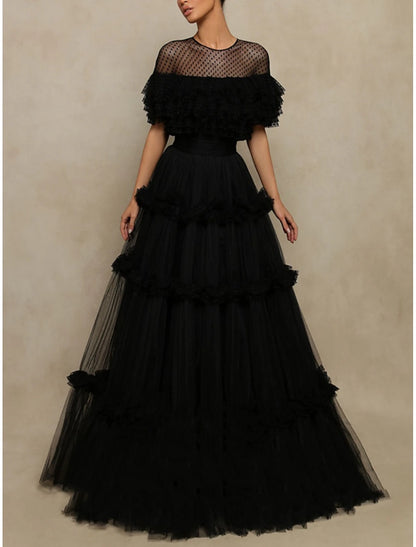 Elegant Dress Formal Floor Length Short Sleeve Jewel Neck Tulle with Pleats Ruffles Prom Dresses