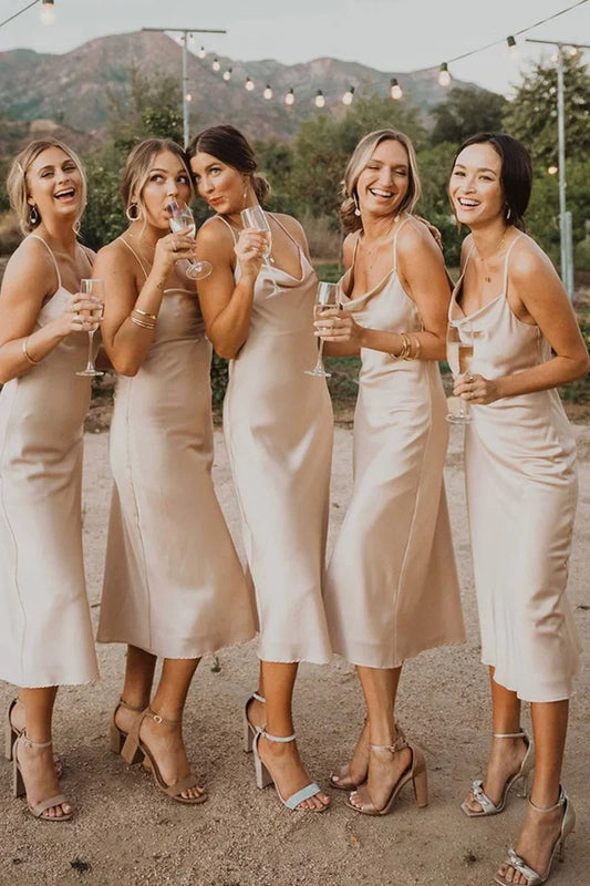 Bridesmaid Dress Mid-Calf Spaghetti Straps