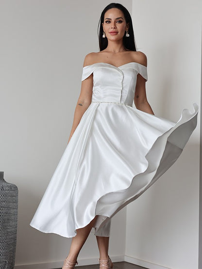 A-Line/Princess Satin Ruffles Off-the-Shoulder Sleeveless Tea-Length Wedding Dresses