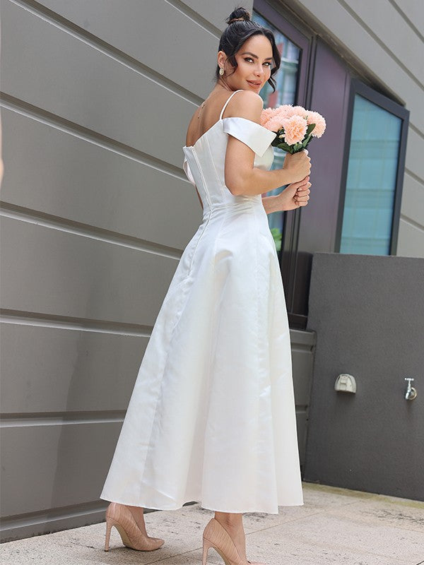 A-Line/Princess Satin Ruffles Spaghetti Straps Sleeveless Ankle-Length Wedding Dresses