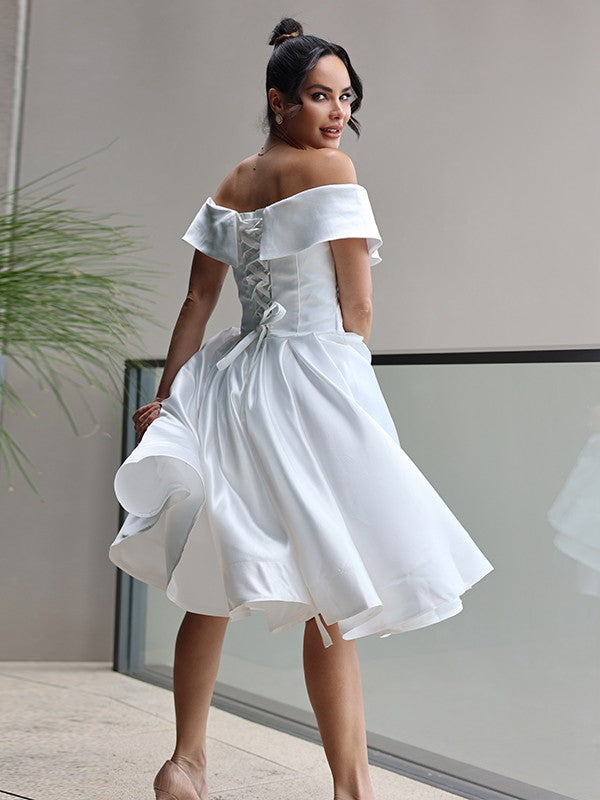 Princess Satin Ruffles Off-the-Shoulder Sleeveless Length Wedding Dresses