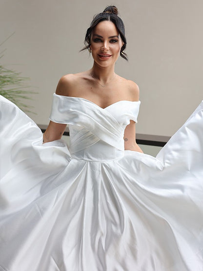 Princess Satin Ruffles Off-the-Shoulder Sleeveless Length Wedding Dresses