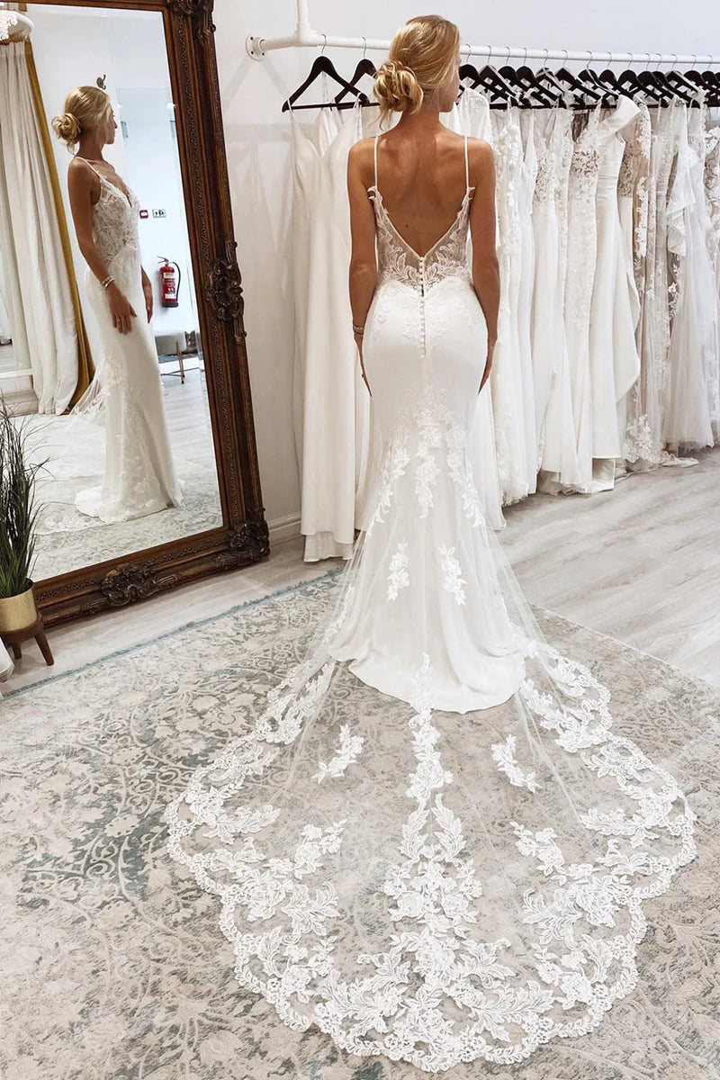 Wedding Dress Mermaid Lace Long Backless with Button