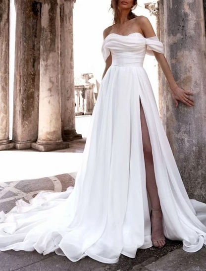 Beach Casual Wedding Dresses Chapel Train A-Line Sleeveless Off Shoulder Chiffon With Ruched Split Front