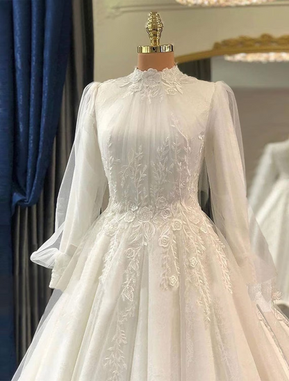 Engagement Vintage 1940s / 1950s Formal Wedding Dresses Chapel Train Ball Gown Long Sleeve High Neck Lace With Pleats Appliques