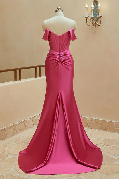 Satin  Off The Shoulder With Slit Prom Dresses