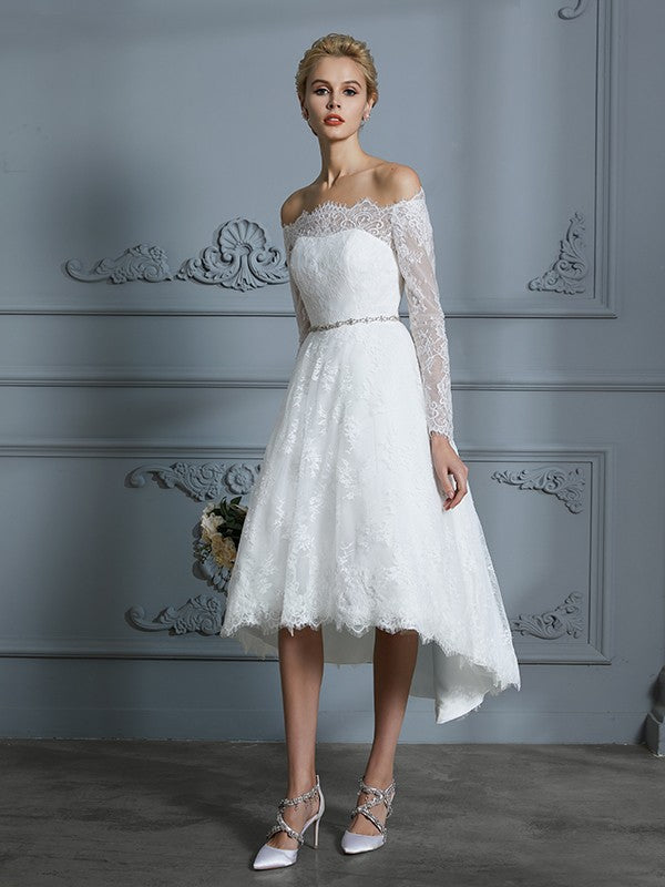 Wedding Dresses Princess Long Sleeves Off-the-Shoulder Asymmetrical Lace