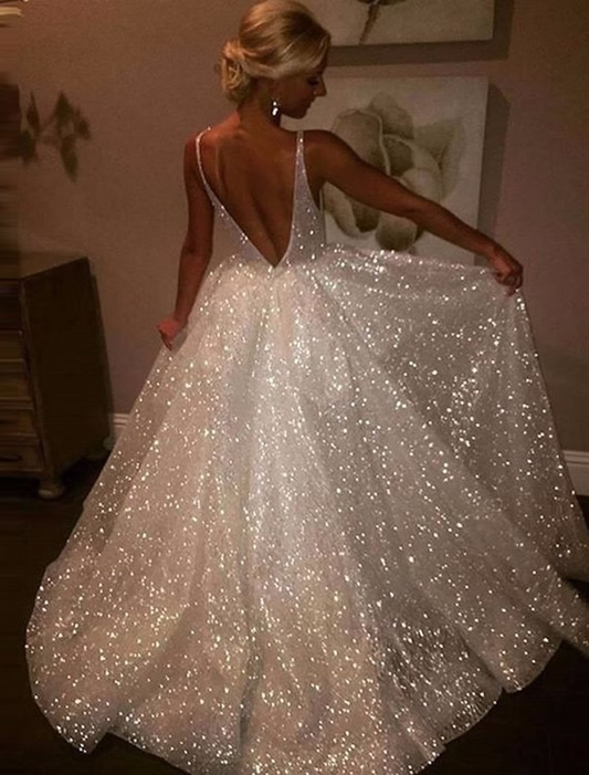 Ball Gown Prom Dresses Glittering Dress Wedding Party Floor Length Sleeveless V Neck Tulle with Ruched