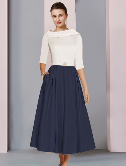 A-Line Mother of the Bride Dress Wedding Guest Elegant Scoop Neck Tea Length Satin Half Sleeve with Pleats Crystal Brooch Color Block