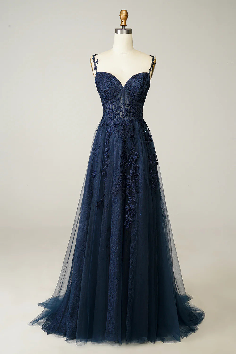 A Line Spaghetti Straps Navy Prom Dress with Appliques