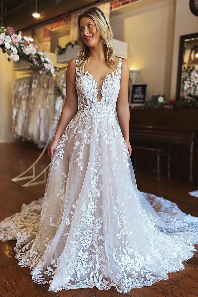 Wedding Dress A-Line V-Neck Backless Long Lace