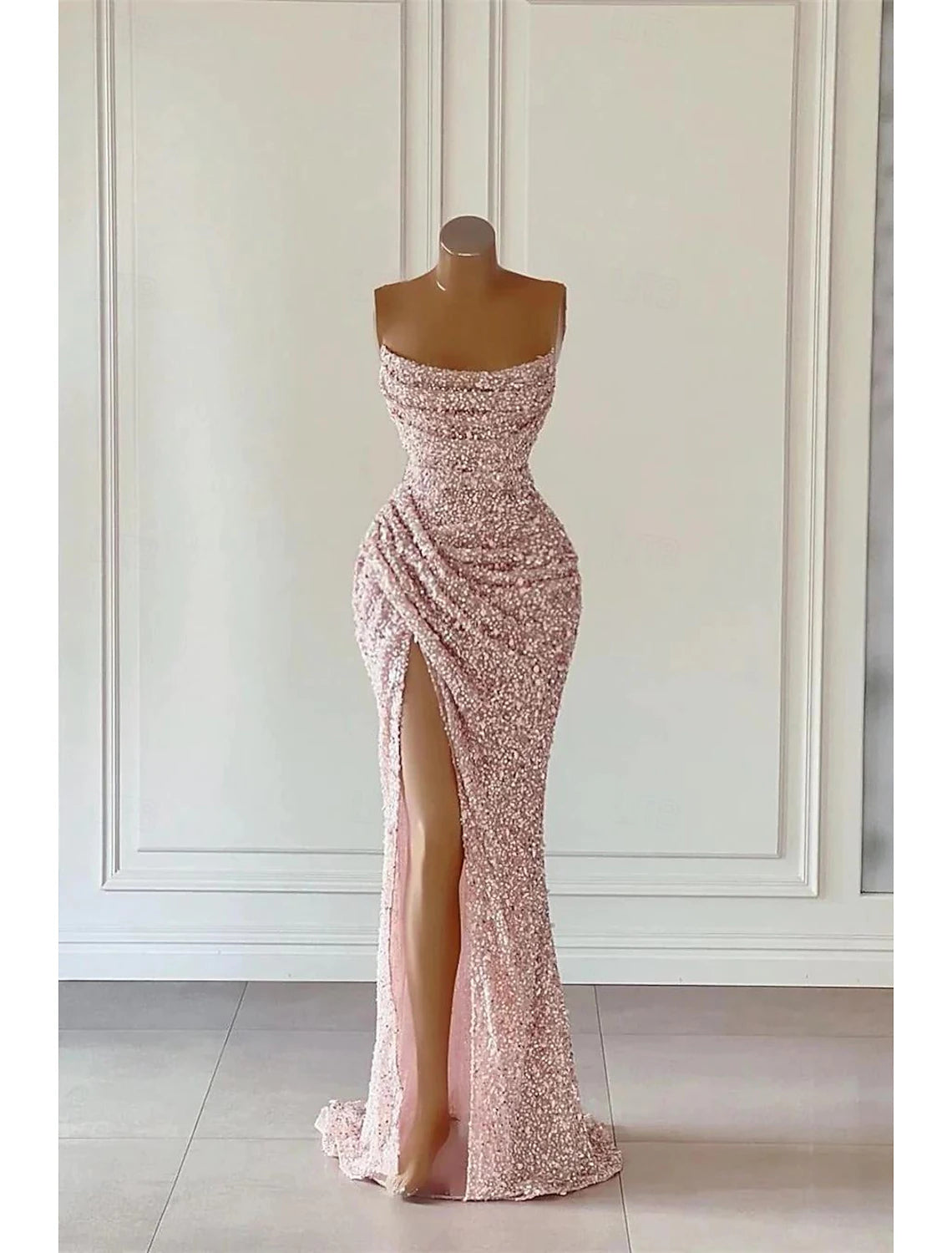 Elegant Dress Formal Prom Floor Length Sleeveless Strapless Sequined with Glitter Sequin Prom Dresses