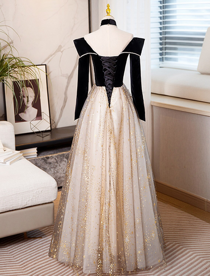 A-Line Prom Dresses Sparkle & Shine Dress Engagement Floor Length Long Sleeve Sweetheart Tulle with Sequin