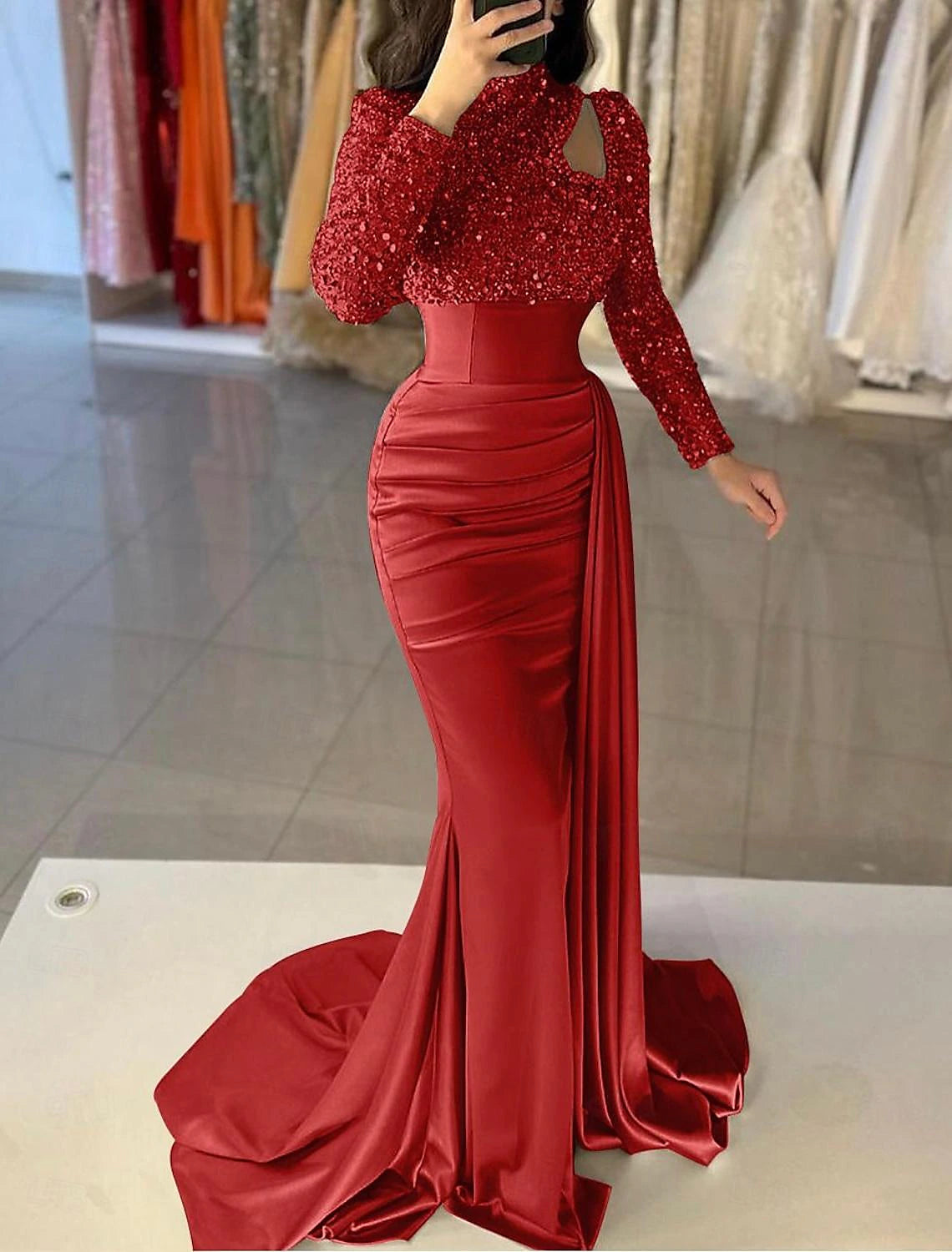 Mermaid Gown Elegant  Formal Train Long Sleeve High Neck Satin with Pearls Sequin Evening Dress