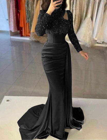 Mermaid Gown Elegant  Formal Train Long Sleeve High Neck Satin with Pearls Sequin Evening Dress