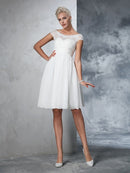 A-Line/Princess Sheer Neck Ruched Short Sleeves Short Chiffon Wedding Dresses