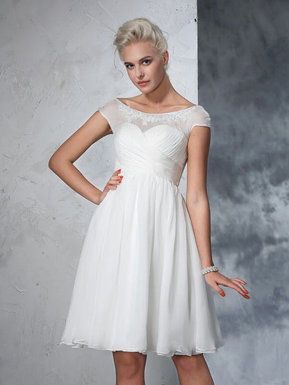 A-Line/Princess Sheer Neck Ruched Short Sleeves Short Chiffon Wedding Dresses