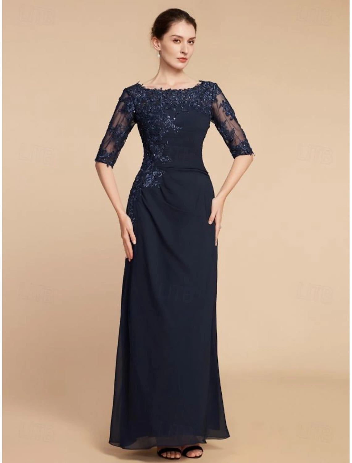 Column Wedding Guest Elegant Scoop Neck Ankle Length Chiffon Lace Half Sleeve with Sequin Solid Color Mother of the Bride Dress&nbsp;