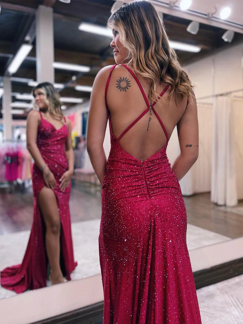 Prom Dress Mermaid V Neck Glitter Jersey Long with Slit