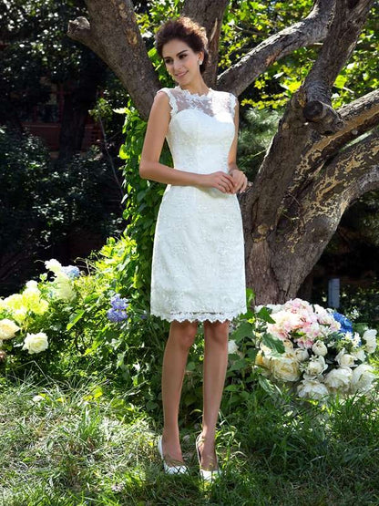 Wedding Dresses Princess Sheer Neck Applique Sleeveless Short Satin