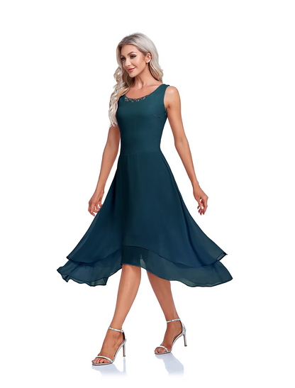 A-Line Mother of the Bride Dress Elegant High Low Wrap Included Jewel Neck Asymmetrical Tea Length Imitated Silk Sleeveless Wrap Included with Beading Ruffles Embroidery