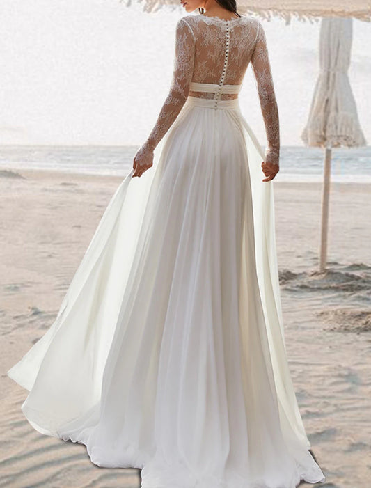 Beach Open Back V Neck Sleeveless Floor Length Chiffon Bridal Gowns With Pleats Wedding Dresses 