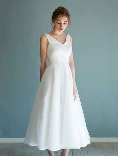 Bridal Shower Little White Dresses Wedding Dresses Tea Length A-Line Sleeveless V Neck Satin With Solid Color