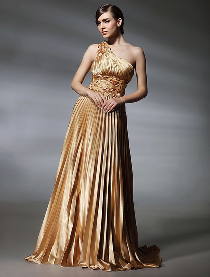 Ball Gown Dress Formal Evening Sweep / Brush Train Sleeveless One Shoulder Stretch Satin with Pleats Beading Side Draping