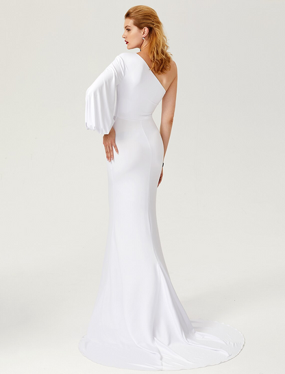 Mermaid / Trumpet Celebrity Style Dress Engagement Court Train Long Sleeve One Shoulder Jersey with Pleats