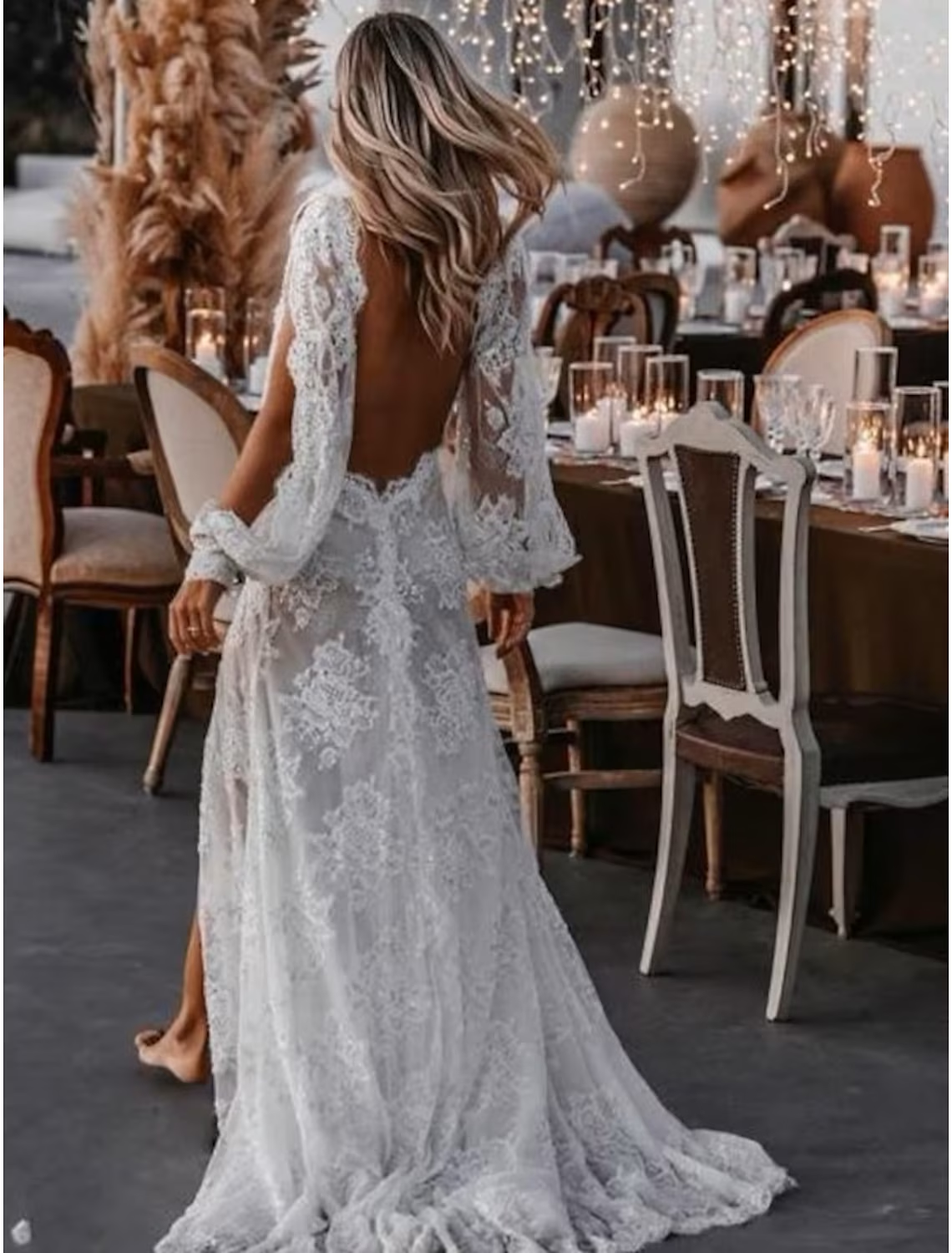 Beach Sexy Wedding Dresses Sweep / Brush Train A-Line Long Sleeve V Neck Lace With Appliques Split Front&nbsp;