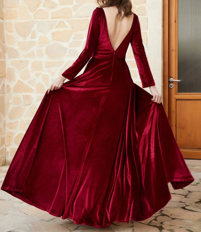 Evening Dress V-Neck Velvet Dress Long Sleeves Plunging With Slit