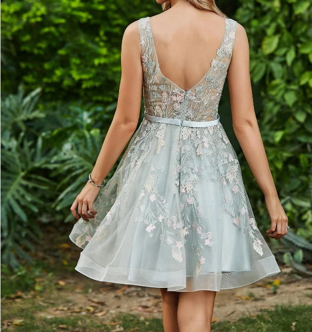 Homecoming Dresses A-Line Floral Lace Sleeveless Tulle Dress