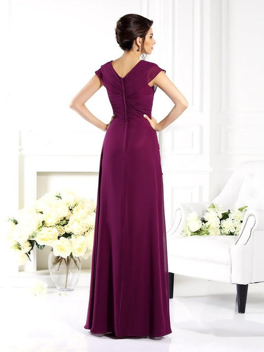 Mother of the Bride Dresses A-Line V-neck Short Sleeves Long Chiffon