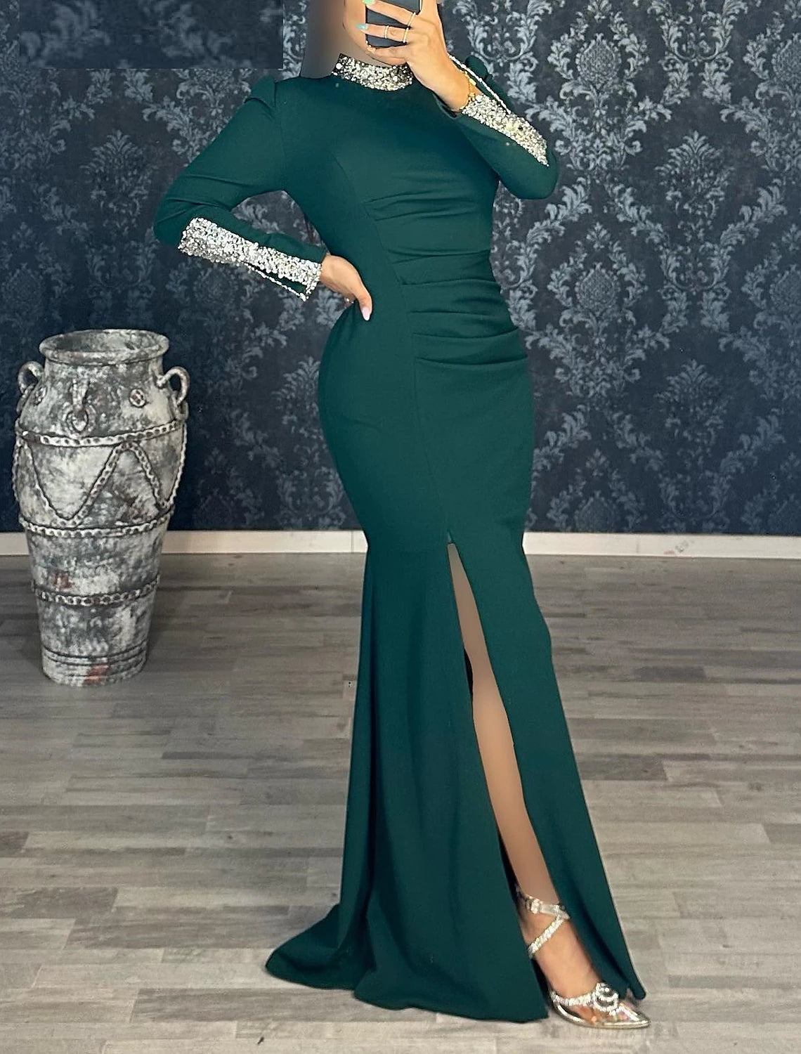 Elegant Mermaid Formal Wedding Guest Floor Length Long Sleeve High Neck Dress Stretch Fabric with Sequin Evening Dress