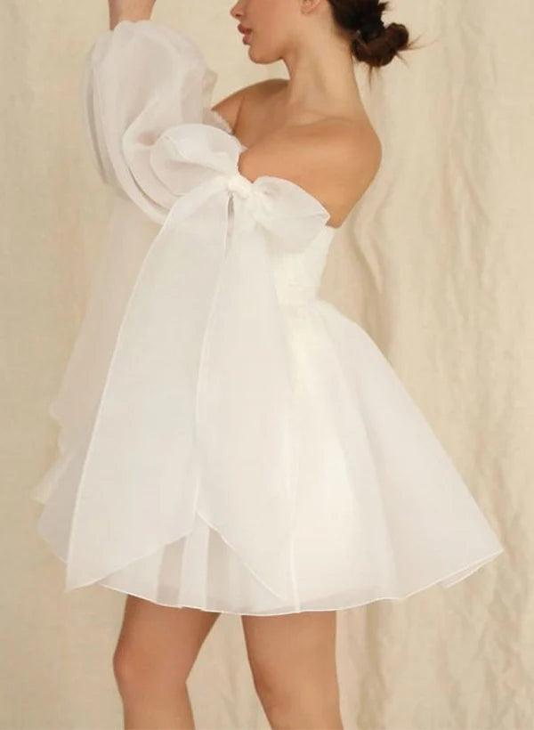 Wedding Dresses A-Line Puff Long Sleeves Short With Bows