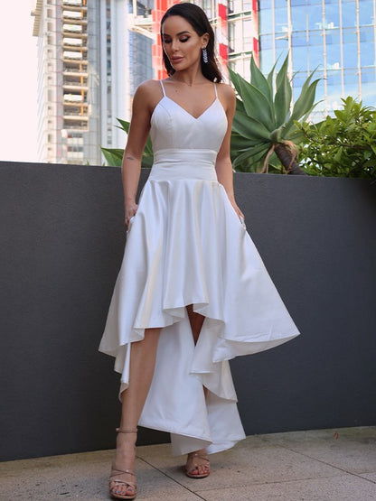 Wedding Dresses A-Line/Princess Satin Ruched V neck Sleeveless Asymmetrical