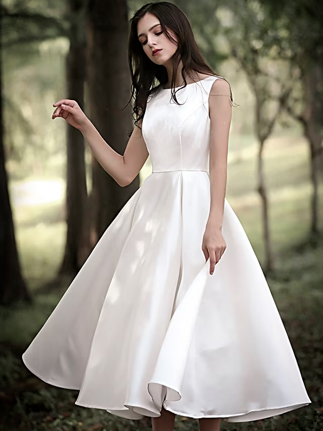 Bridal Shower Little White Dresses Wedding Dresses Tea Length A-Line Sleeveless Jewel Neck Satin With Solid Color