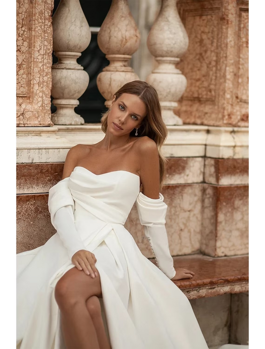 Hall Casual Wedding Dresses Court Train A-Line Long Sleeve Off Shoulder Satin With Split Front Solid Color