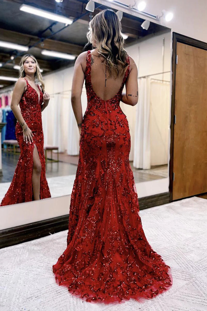 Prom Dress Mermaid V Neck Sequined Lace with Slit