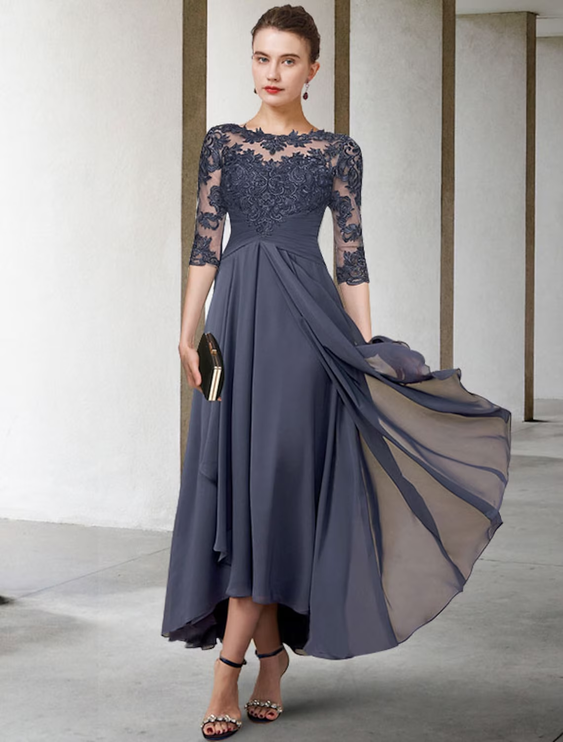 A-Line Mother of the Bride Dress Plus Size Elegant High Low Jewel Neck Asymmetrical Tea Length Chiffon Lace Half Sleeve with Ruched Appliques