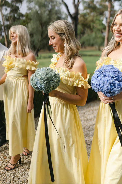 Bridesmaid Dresses Off the Shoulder Ruffle Satin Ankle Length