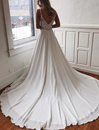 Beach Open Back Boho Wedding Dresses Chapel Train A-Line Sleeveless Spaghetti Strap Chiffon With Appliques Solid Color