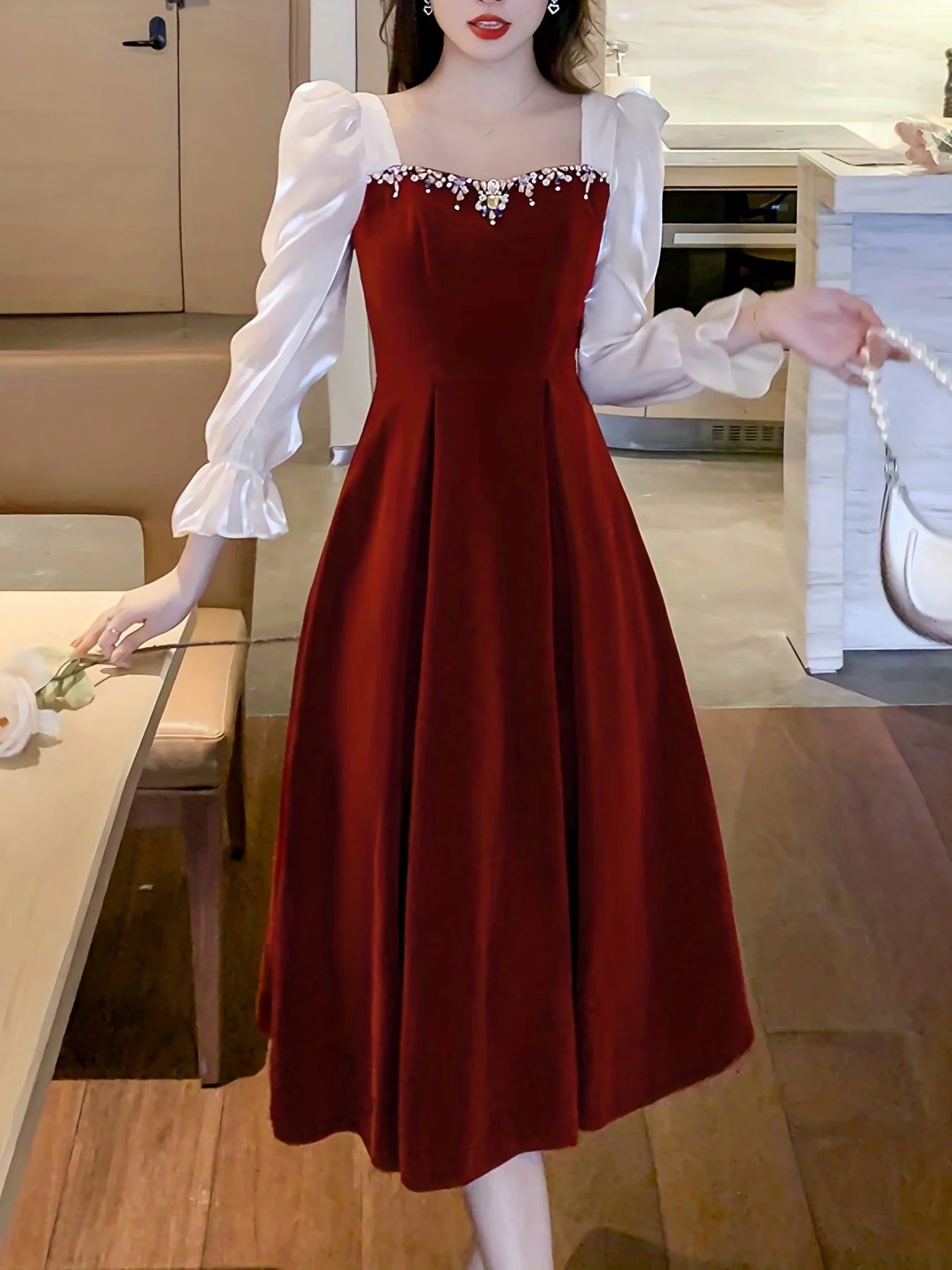 December Wedding Guest Dress Color Block Ruffle Trim Long Sleeves Dress  Bead string Sweet heart Neck Elegant Party Dress